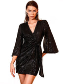 Sparkling Long Sleeve Wrap Dress with High Slit
