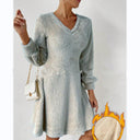 Women's V-Neck Long Sleeve Fleece Dress – Chic & Cozy Style
