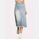 Chic Denim Skirt with Side Slit & Frayed Hem
