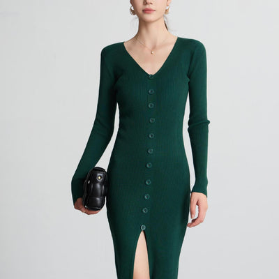 Chic Women’s Long-Sleeve Maxi Dress with Ribbed Design and Button Accent
