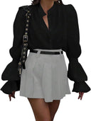 Women's Puff Sleeve Blouse with Classic Stand-Up Collar