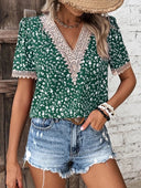 V-Neck Women's Blouse with Lace Accents