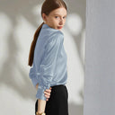 Chic Satin Blouse with Stylish Collar and Flowing Sleeves