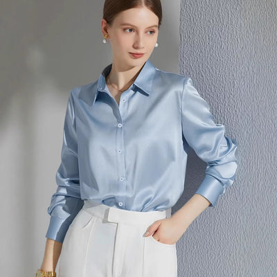 Chic Satin Blouse with Stylish Collar and Flowing Sleeves