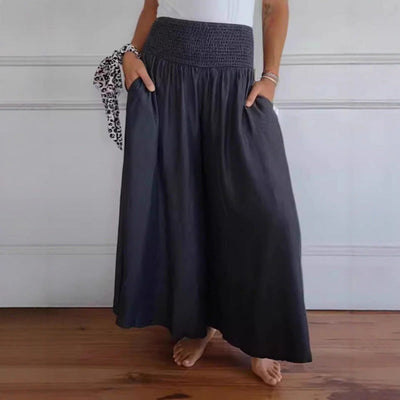 Women's Stylish Wide-Leg Trousers with Stretch Waist and Pockets