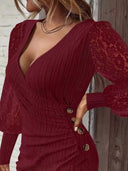 Chic Women's Wrap Dress with Lace Sleeves and Button Accents