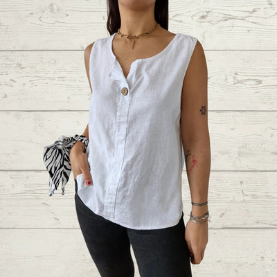 Ladies Linen Sleeveless Blouse with Button Accents