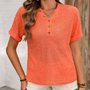 Textured Short Sleeve Blouse with Button Closure