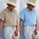 Chic Women's Short Sleeve Blouse with Stylish Waistband