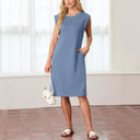 Chic Midi Dress with Side Slits and Round Neck