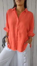 Pure Linen Women's Blouse with Button Placket and Wide Sleeves