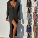 Chic Long Knit Dress with Deep V-Neck & Button Accents