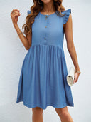 Ruffled Shoulder Women's Dress with Button Placket