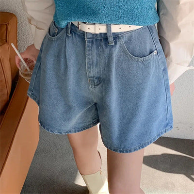 High-Waisted Denim Shorts with Elastic Belt for Women