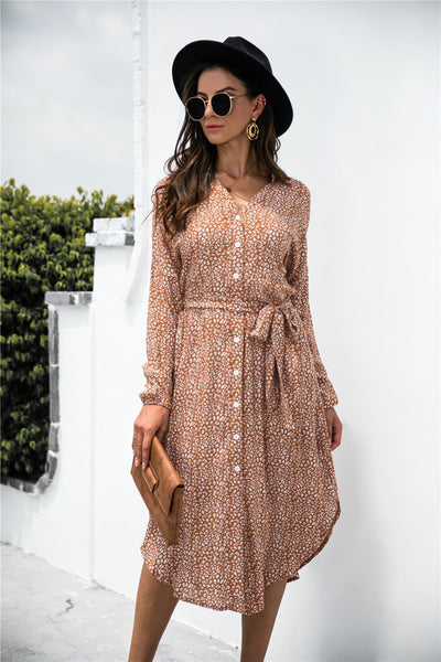 Chic Women's Dress with Button Accents & Tie Belt