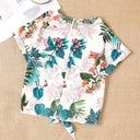 Floral Print Short Sleeve Blouse with Adjustable Hem