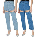 Chic Women's Jeans with Cut-Out Designs and Rhinestone Accents