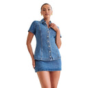 Chic Women's Denim Shirt Dress with Short Sleeves
