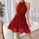 Chic Women's High-Neck Ruffle Dress with Belt