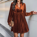 Chic Velvet Dress with V-Neck & Puff Sleeves