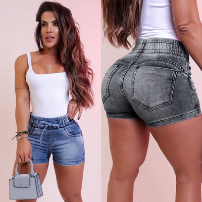 Women's Denim Shorts with Stretchy Waist and Drawstring