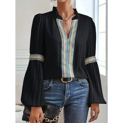 Chic Women's Pleated Blouse with Embellished Trim