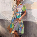 Chic Geometric Print Women's Dress with Tie Belt