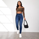 High-Waist Skinny Jeans with Faux Pockets and Elastic Waistband for Women