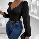 Women's Bodysuit with Romantic Puff Sleeves and V-Neck Design