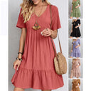 Chic Women's V-Neck Peplum Dress with Ruffle Accents