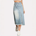 Women's Asymmetrical Denim Midi Skirt with Frayed Hem