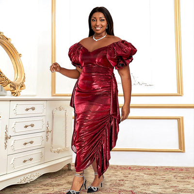 Chic Women's Wrap Dress with Puff Sleeves & Draped Design