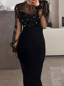 Chic Evening Dress with Sheer Sleeves & Pearl Accents