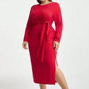 Women's Long Sleeve Dress with Knot and Side Slit Design