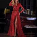 Chic Evening Gown with Deep V-Neck and Flowing Train