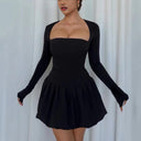 Chic Women's Short Sleeve Evening Dress with Deep Neckline and Flowy Skirt