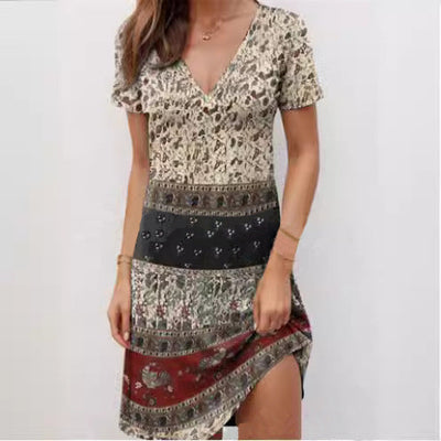 Chic Women's V-Neck Short Sleeve Dress with Unique Print