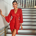 Sparkling Long Sleeve Wrap Dress with High Slit