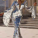 Stunning Sequin Evening Dress with V-Neck and Long Sleeves