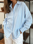Striped Women's Blouse with Rounded Hem and Button Closure