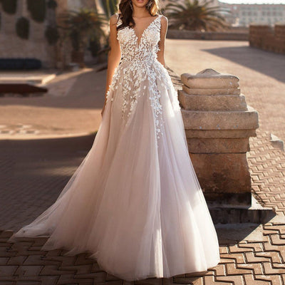 Floral Appliqué Wedding Dress with Tulle Overlay