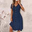 Chic V-Neck Knee-Length Dress with Button Details