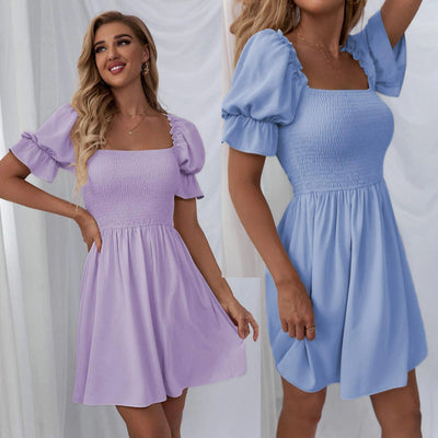Chic Women's Puff Sleeve Short Dress with Gathered Bodice