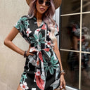 Floral Tie-Belt Short Sleeve Dress for Women