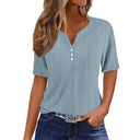 Women's Short Sleeve Blouse with Lace Details and Button Accents