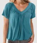 Women’s Airy V-Neck Blouse with Pleats & Short Sleeves