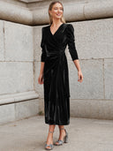 Chic Puff Sleeve Wrap Dress with Gold Accents