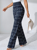 Chic High-Waisted Flared Trousers in Stylish Check Print