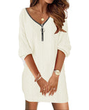Stylish Women's Knit Dress with Deep V-Neck & Zipper Accent