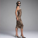 Leopard Print Fitted Midi Dress with Slim Straps